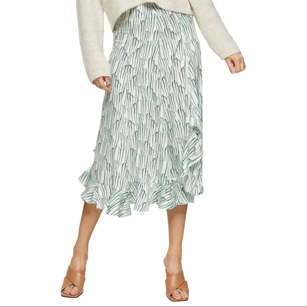 Topshop Idol Wisteria Ruffle Botanical Green Midi Slip Skirt Size 2